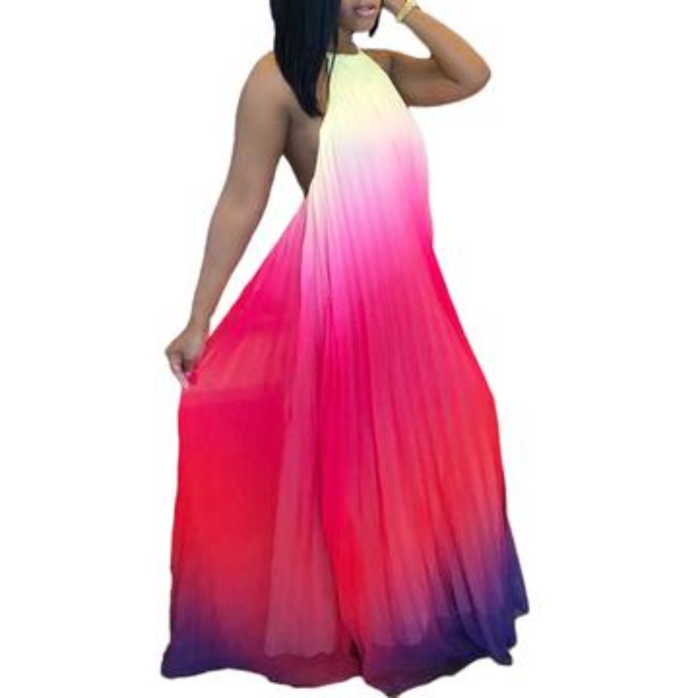 Pleated Halter Maxi Dress - Red (white neckstring)